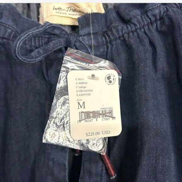 We the Free People Katie Denim Top Embroidered Peasant Tie Velvet & Mesh Trim M - Picture 10 of 13